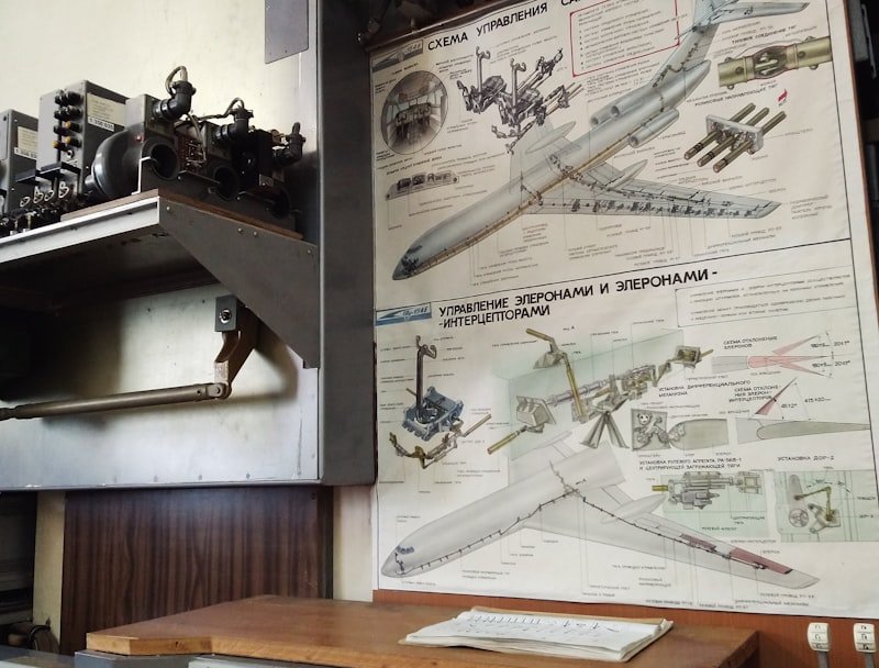 A technical room with a large control panel of dials, gauges and switches, with a diagram of aircraft control systems on the wall.